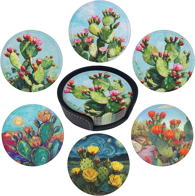 Cactus Coasters Leather Round Drink Coasters 6 Pcs Set by Yopiiefa
