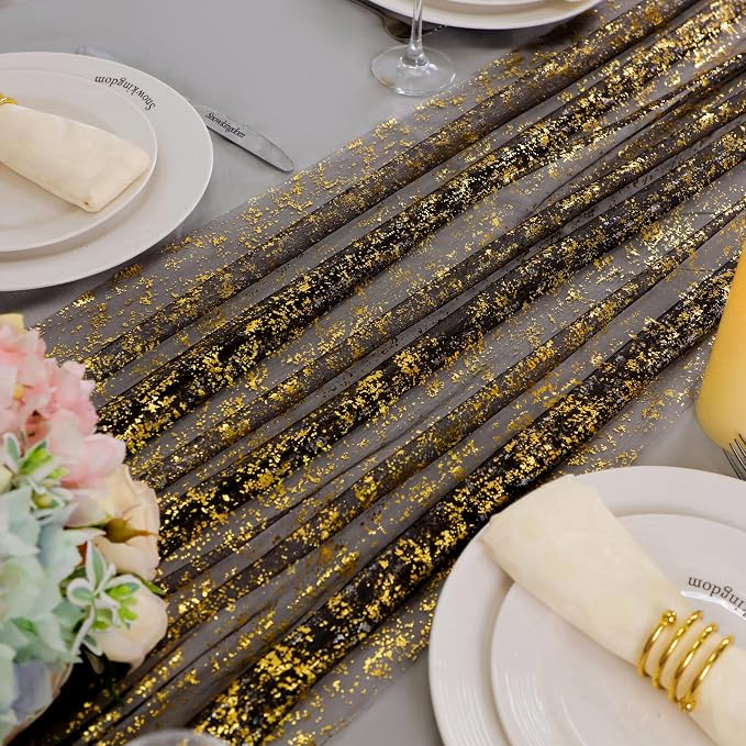 Snowkingdom 6 Pcs Black & Gold Cheesecloth Table Runner 10 FT, Sheer Chiffon - Image 5