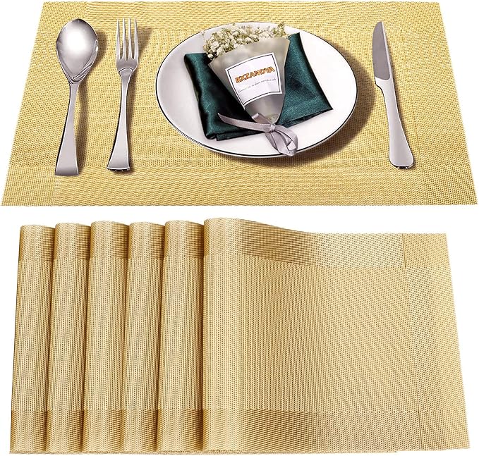 Placemats Set of 6, Vinyl Woven Gold Non Slip Table Mats | Heat Resistant by BxzanDya-LifeSmartMaker