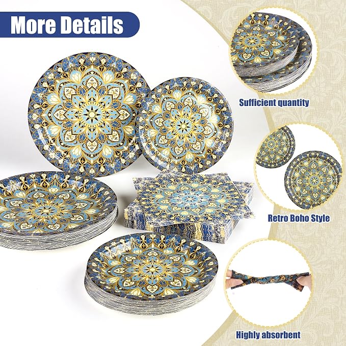Kochorie 100 Pieces Bohemian Style Paper Plates and Napkins Set Vintage - Image 4