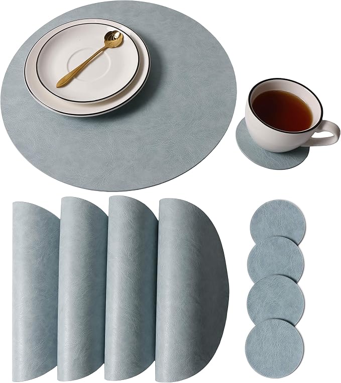 Embossed PU Leather Round Placemats, Waterproof Coffee Coasters, Kitchen Table by JOVONO