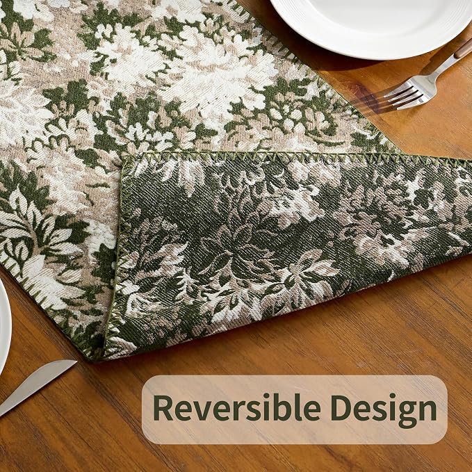 ORTIGIA Vintage Floral Table Runner, Boho Chenille Green and Taupe Farmhouse - Image 4