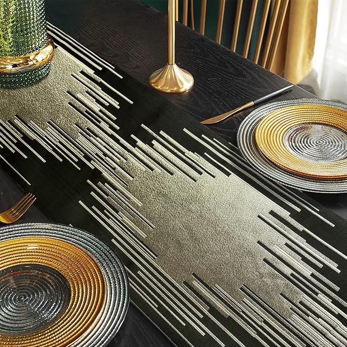 Luxury Black and Gold Table Runner 98 Inches Long, Modern Geometry Striped | - Image 5