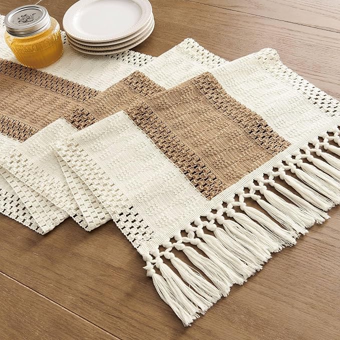Macrame Style Bicolor Stitching Table Runner 14x36in Brown | Woven Boho Table - Image 7