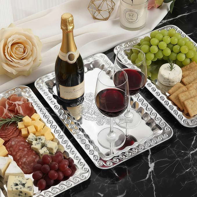 6-Pack Silver Serving Trays Set – Swirl Floral Engraved Serving Platters - Image 4