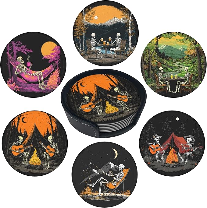 Halloween Skull Coasters Leather Round Drink Coasters 6 Pcs Set by Yopiiefa