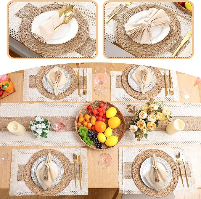 6 Sets Boho Decoration Placemats Round Woven Placemats, Cloth Napkins, Wood - Image 5