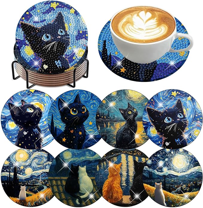 Ekuxom 8 Pcs Cat Diamond Art Coasters Kits by Ekuxom