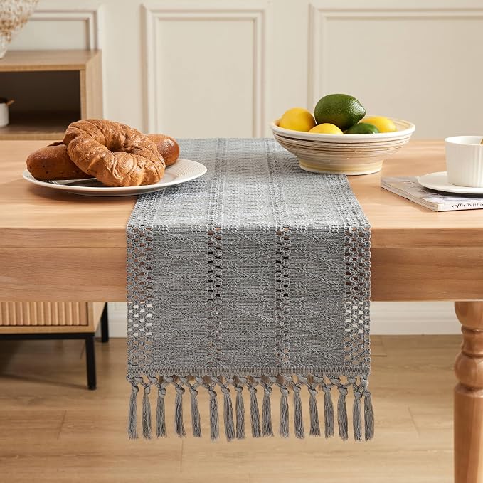 Macrame Style Boho Table Runner, 12x108 Inch Grey | Woven Boho Table Runner - Image 2