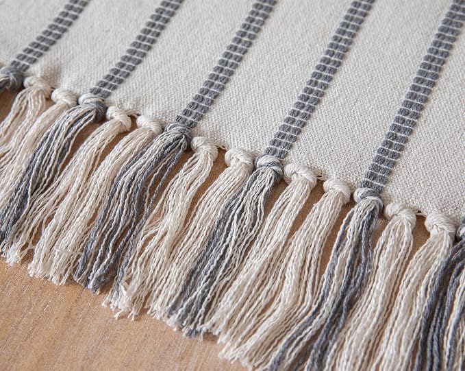 Caflife Boho Table Runner 60 Inchs Long Grey and Beige, Cotton and Linen Woven - Image 6