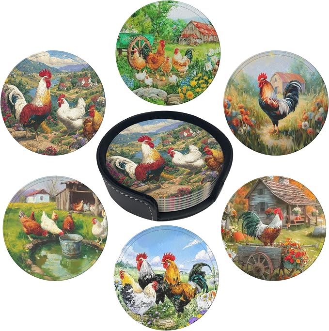 Rooster Coasters Leather Round Drink Coasters 6 Pcs Set by Yopiiefa