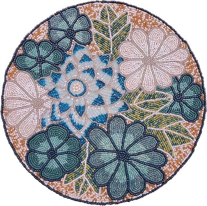 13" Flower Beaded Placemats, Teal Multi, Round Dining Table Mat | Flower Beaded - Image 8