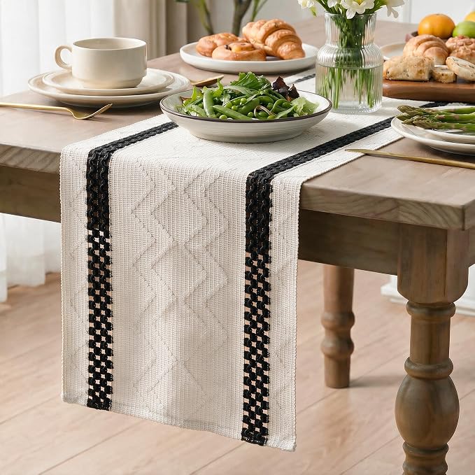 Artoid Mode Black Stripe Woven Rustic Table Runner 12x90 Inch | Holiday Kitchen - Image 3
