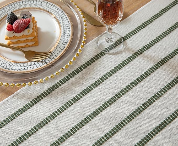 Caflife Boho Table Runner 108 Inchs Long Green and Beige, Cotton and Linen Woven - Image 4