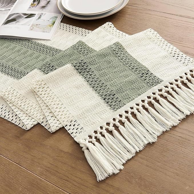 EMMTEEY Boho Table Runner with Tassels 72 Inches Long, Sage Green | Handmade by EMMTEEY