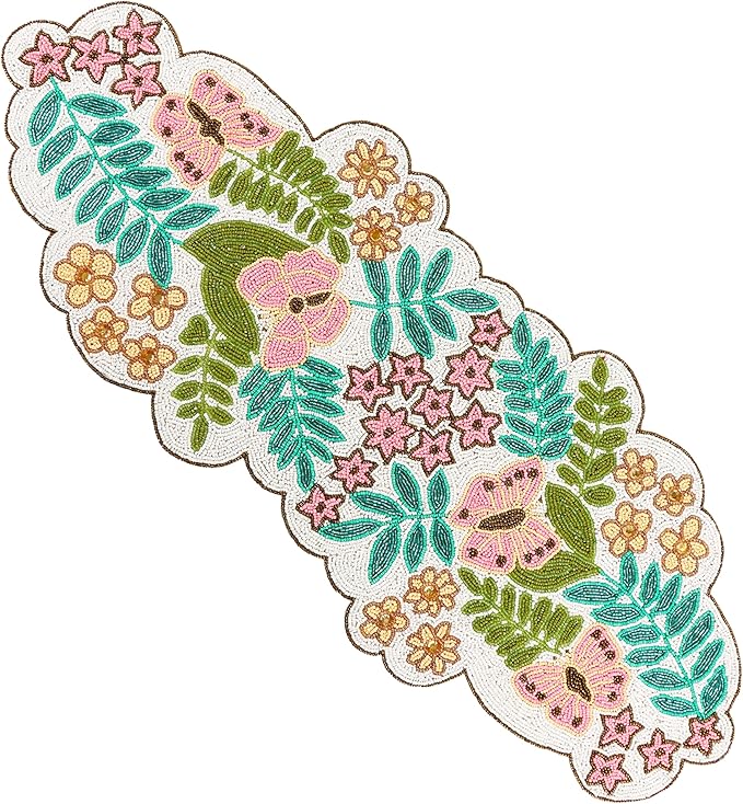 Spring Floral Beaded Table Runner, 13x36 | Glass beads, polyester backing by CLEENTABLE