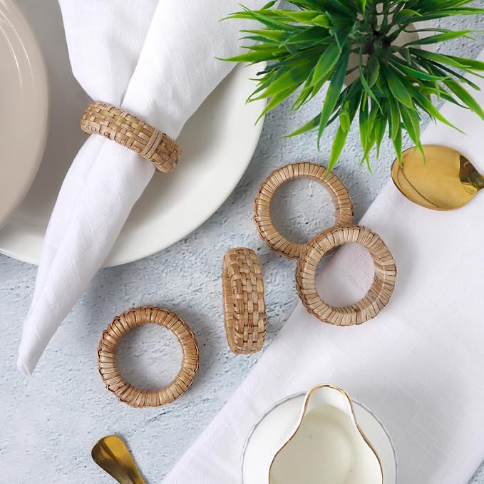 Jute Rattan Napkin Rings, Farmhouse Natural | 2.25x2.25x0.5 in each, plastic & - Image 9