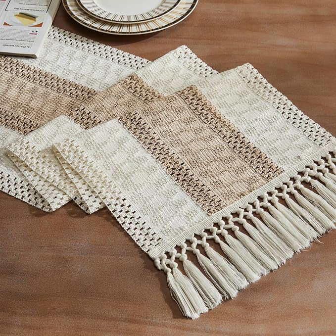 Macrame Style Bicolor Stitching Table Runner 14x108in Taupe | Woven Boho Table by ZEEMARTONLINE