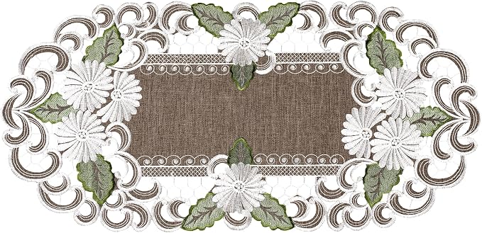 LINENS ART AND THINGS Table Runner Embroidered Pearlescent Daisy Flowers - Image 2