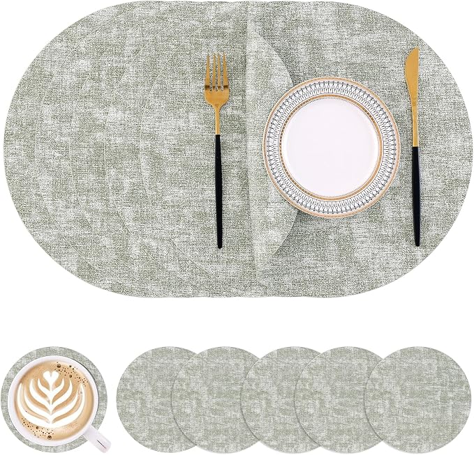 Homaxy Round Faux Leather Placemats and Coasters, Grass Green | Washable by Homaxy