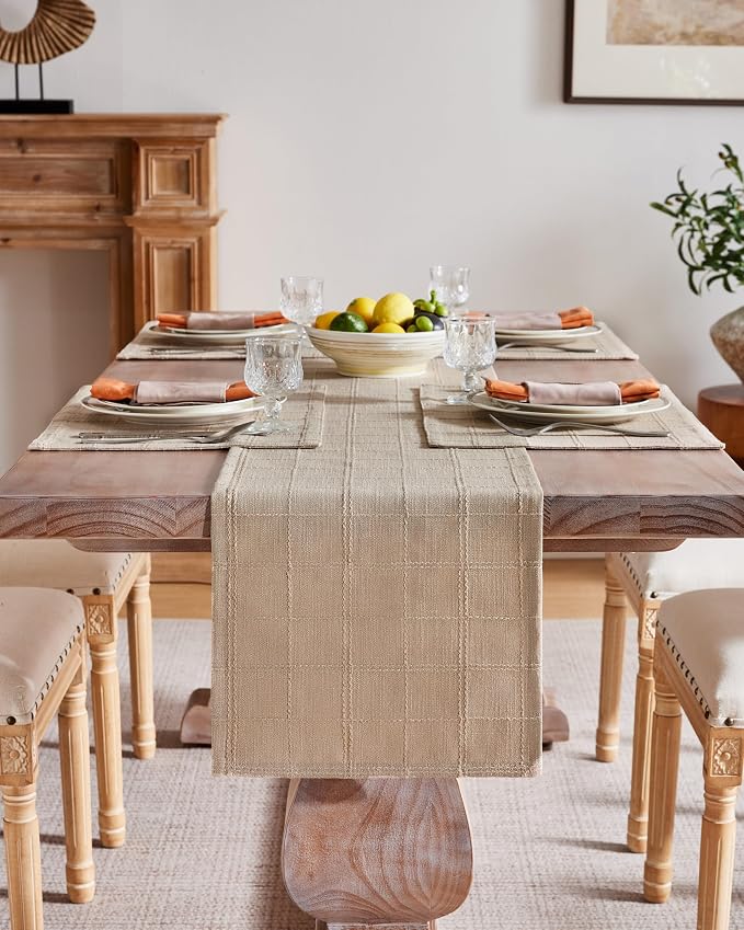 Linen Checked Farmhouse Table Runner, 13x108 Inches Taupe | Raised Grid Design - Image 2