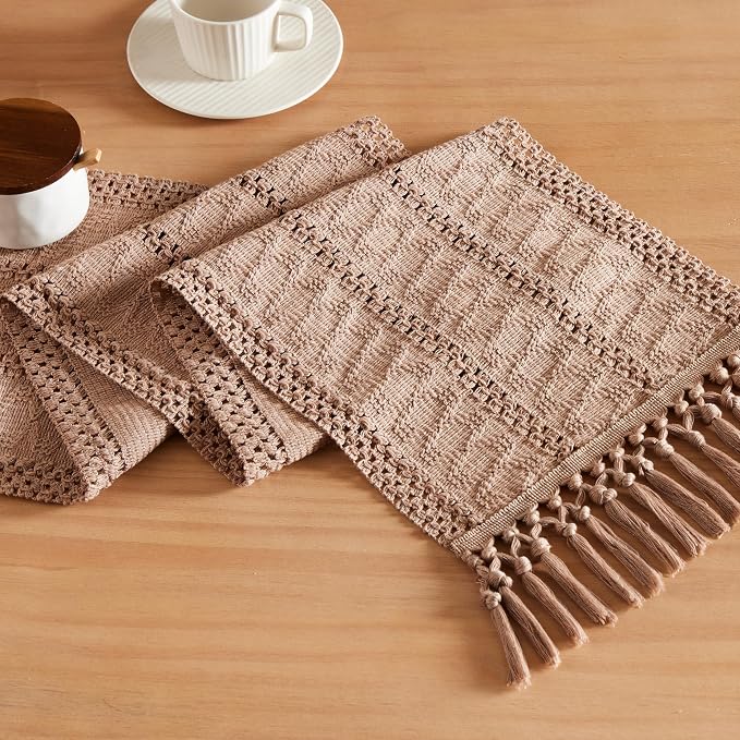 Macrame Style Boho Table Runner, 12x108 Inch Taupe | Woven Boho Table Runner by ZEEMARTONLINE