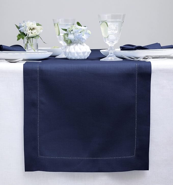 Solino Home 100% Pure Linen Table Runner Navy, Classic Hemstitch 14 x 72 in | by SolinoHome