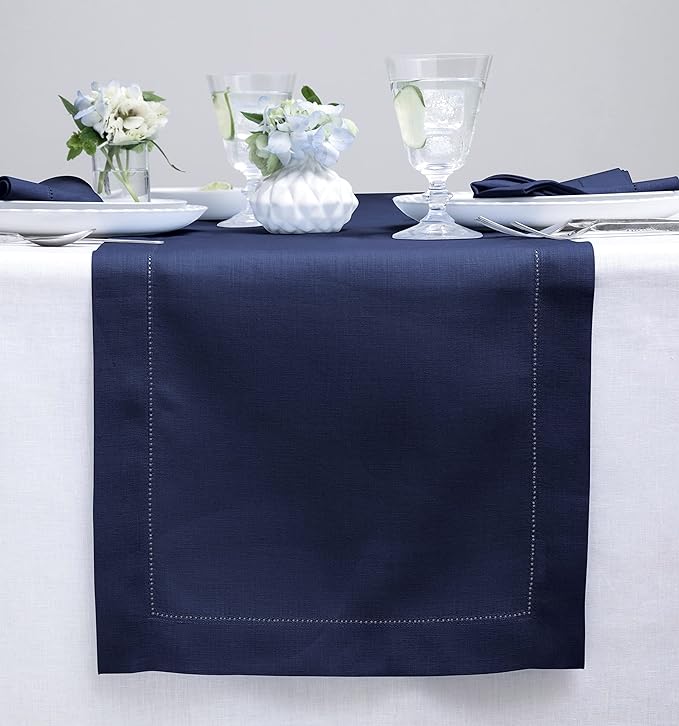 Solino Home 100% Pure Linen Dining Table Runner Navy Hemstitch, 14 x 120 in | by SolinoHome