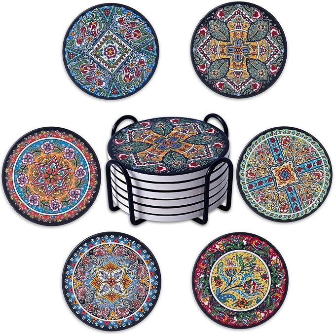 Ceramic Coasters Absorbent Non Slip 6pcs 4 Inch Coaster Turkish | Drink Coasters by Staruby