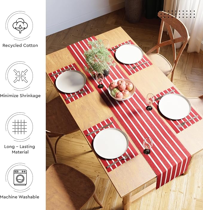 Encasa XO Table Runner, Yarn Dyed Ribbed Cotton 13"x98" | Roma Red Stripes - Image 3