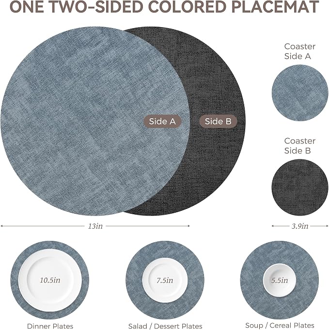 NCUE 13" Faux Leather Round Placemats Set of 4, Reversible Dual-Color | - Image 4