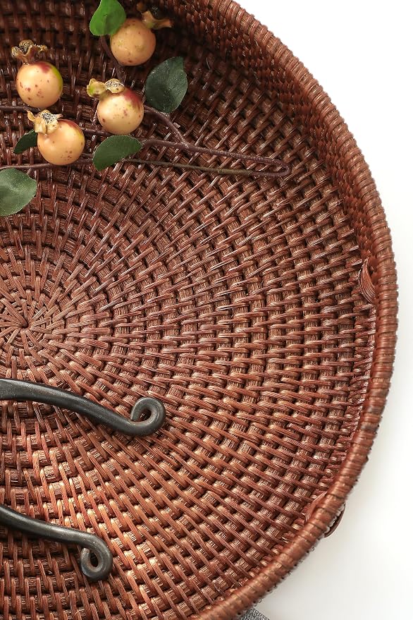 HITOMEN 14.2" Hand-Woven Round Rattan Serving Tray Decorative Ottoman Wicker - Image 3