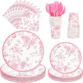 175Pcs Pink Floral Paper Plates and Napkins 25 Guests Pink White Toile by FromTablestoTales