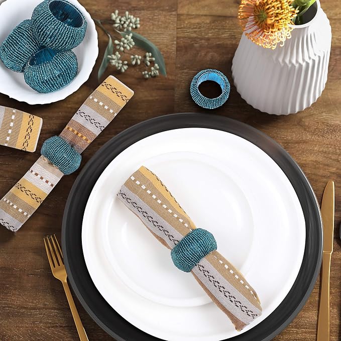 Teal Napkin Ring, Napkin Rings Set of 12, Beaded Napkin Holders, Fall Napkin - Image 4