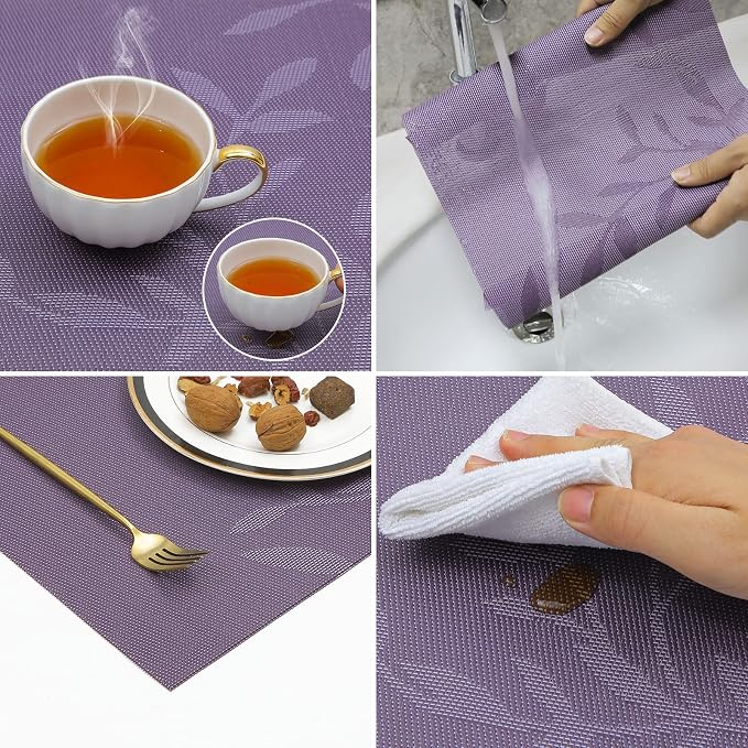 SHACOS Woven Vinyl Placemats Set of 4 Purple Leaf Pattern Place Mats Wipe Clean - Image 6
