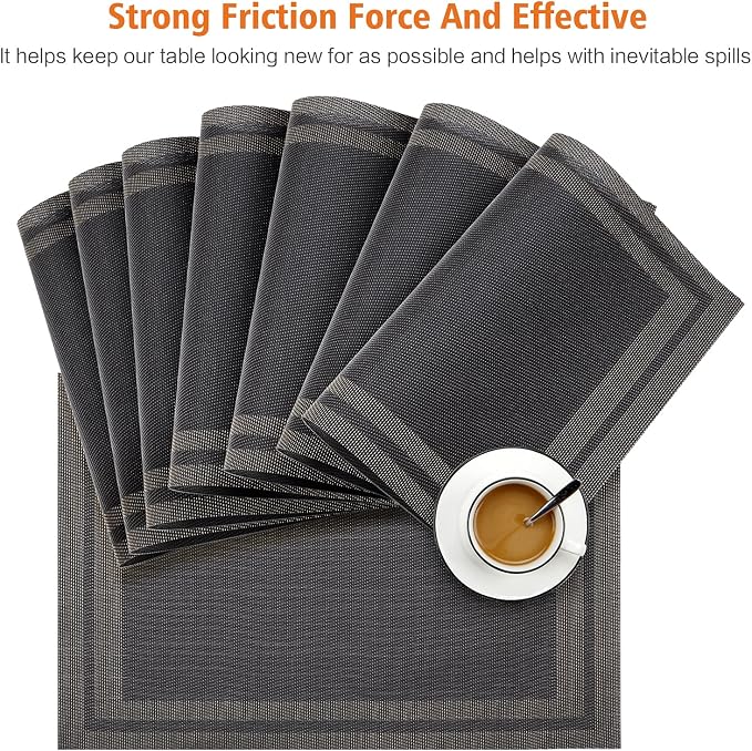 Placemats Set of 8, Vinyl Woven Black Non Slip Table Mats | Heat Resistant - Image 5