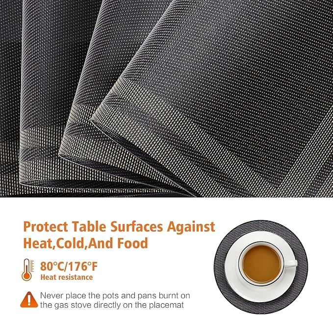 Placemats Set of 4, Vinyl Woven Black Non Slip Table Mats | Heat Resistant - Image 3