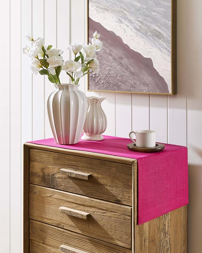 Linen Textured Border Table Runner, 14 x 72 Inch Hot Pink | Mitered Corner - Image 2