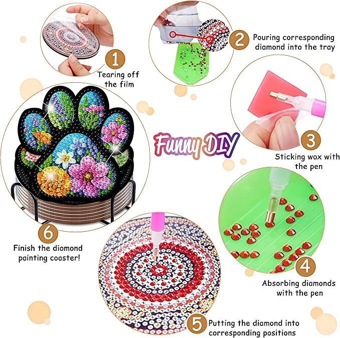 ijbnhd 8 Pcs Diamond Art Coasters Kits Dog Paw 4x4 inch | Diamond Painting - Image 5