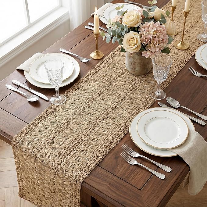 Burlap Boho Table Runner Macrame Brown 90in Farmhouse Woven Runner | Burlap - Image 7