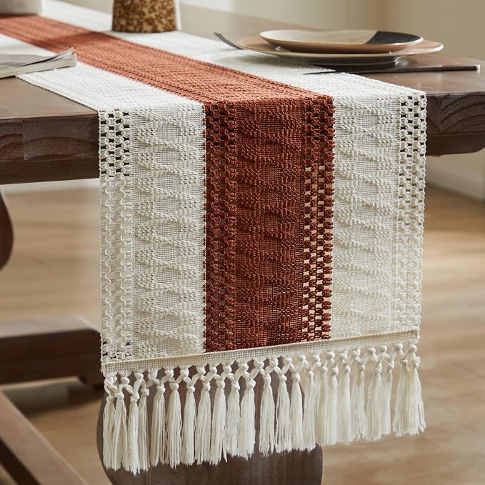 Macrame Style Bicolor Stitching Table Runner 14x108in Terracota | Woven Boho - Image 7