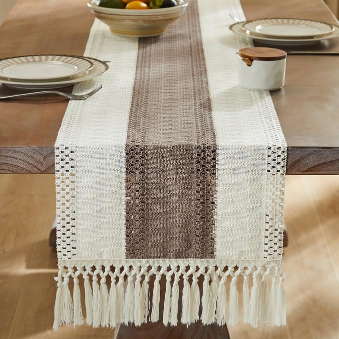 Macrame Style Bicolor Stitching Table Runner 14x108in Cocoa Brown | Woven Boho - Image 3