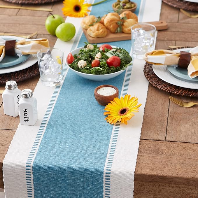 DII Dobby Stripe Table Runner, 13x72 Storm Blue & Cream Background | Woven - Image 5
