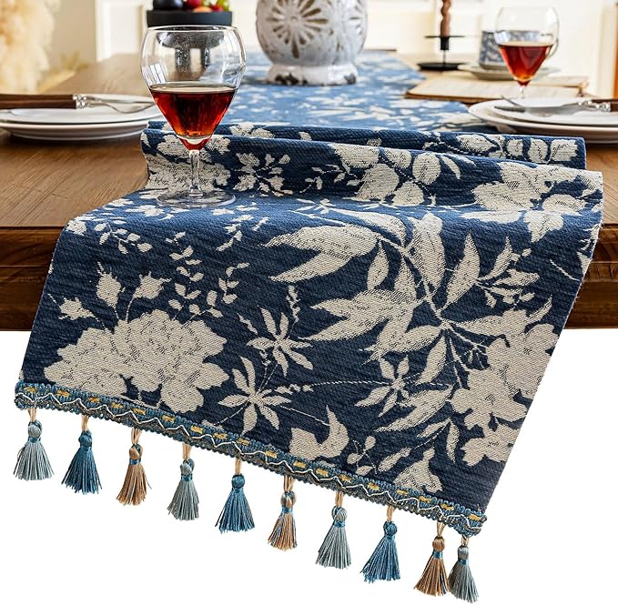 Botanical Jacquard Floral Dining Table Runner Blue 13 x 94 Inch | Jacquard by HomeyHo