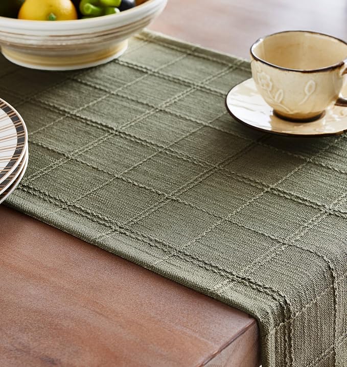 Linen Checked Farmhouse Table Runner, 13x36 Inches Olive | Raised Grid Design - Image 5