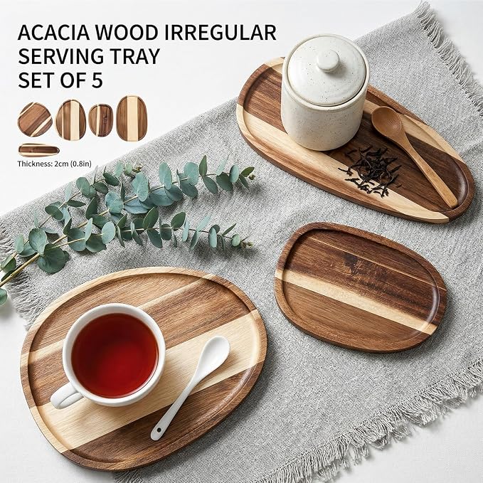 Okllen Set of 5 Small Acacia Wood Serving Platter and Trays, Irregular Oval - Image 6