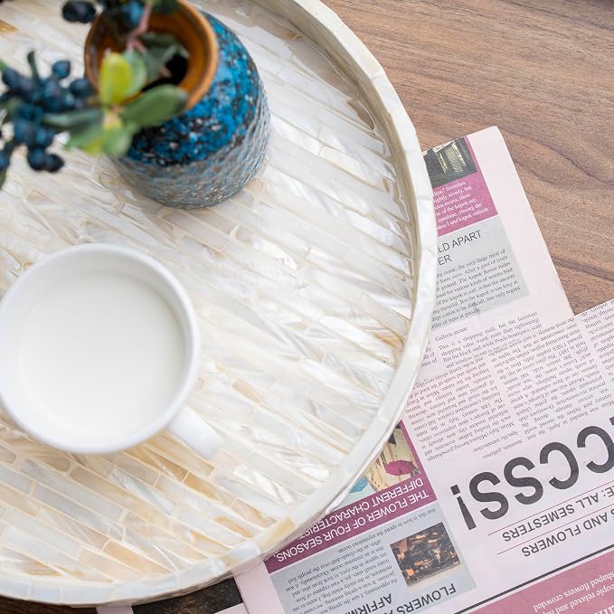 PEMAR 12.6” Decorative Round Serving Tray, Mother of Pearls Inlaid Coffee Table - Image 18