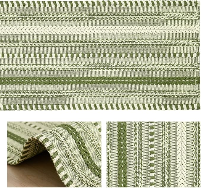 Artoid Mode Army Green Farmhouse Stripe Braided Table Runner 12x60 Inch | - Image 6