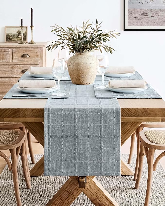 Linen Checked Farmhouse Table Runner, 13x36 Inches Chambray | Raised Grid Design - Image 2