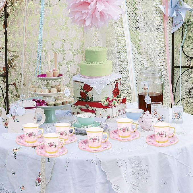 100 Pcs Paper Tea Cups and Plates Pink Floral Disposable Paper Teacups and - Image 7